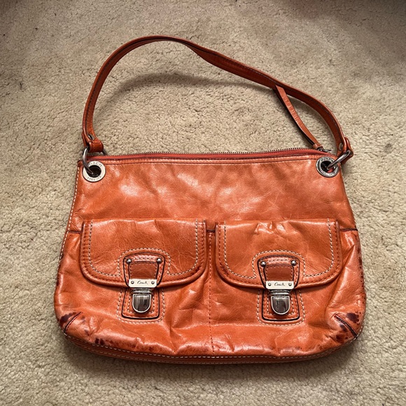 Coach Poppy Tangerine Waxed Leather Distressed Swing Messenger Hobo Bag Purse - Picture 2 of 11